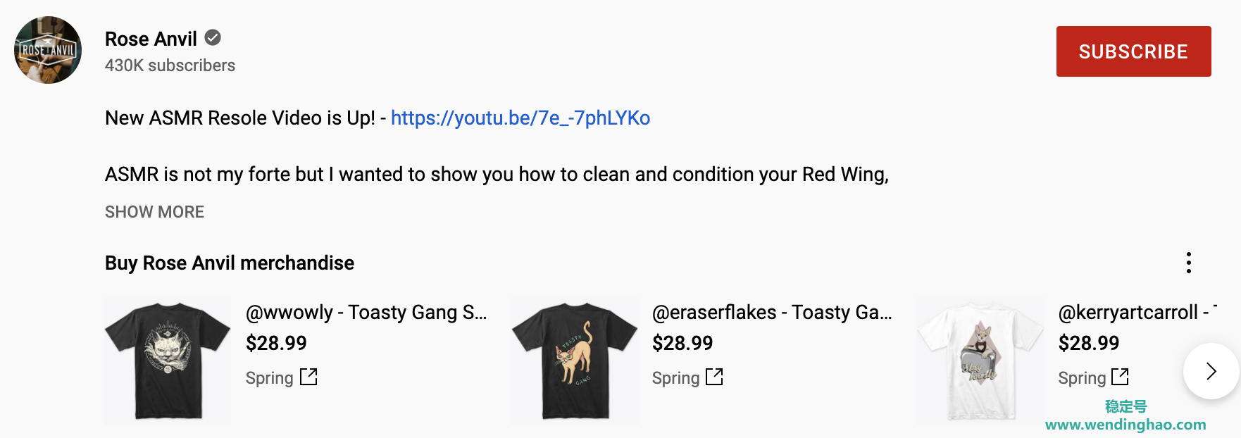 YouTube 频道 Rose Anvil 使用商品作为在 YouTube 上获利的方式的示例。